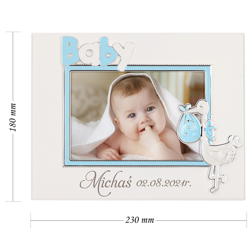 Ramka na zdjęcie dziecka z bocianem - niebieska / na Chrzest Św./ Baby Shower | GRAWER