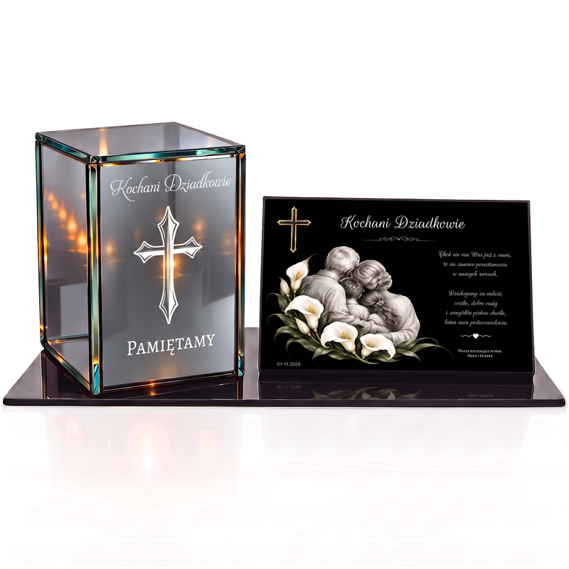 Personalizowany zestaw nagrobny dla Dziadków – lampion lustrzany 3D LED z grawerem i tabliczką z dedykacją