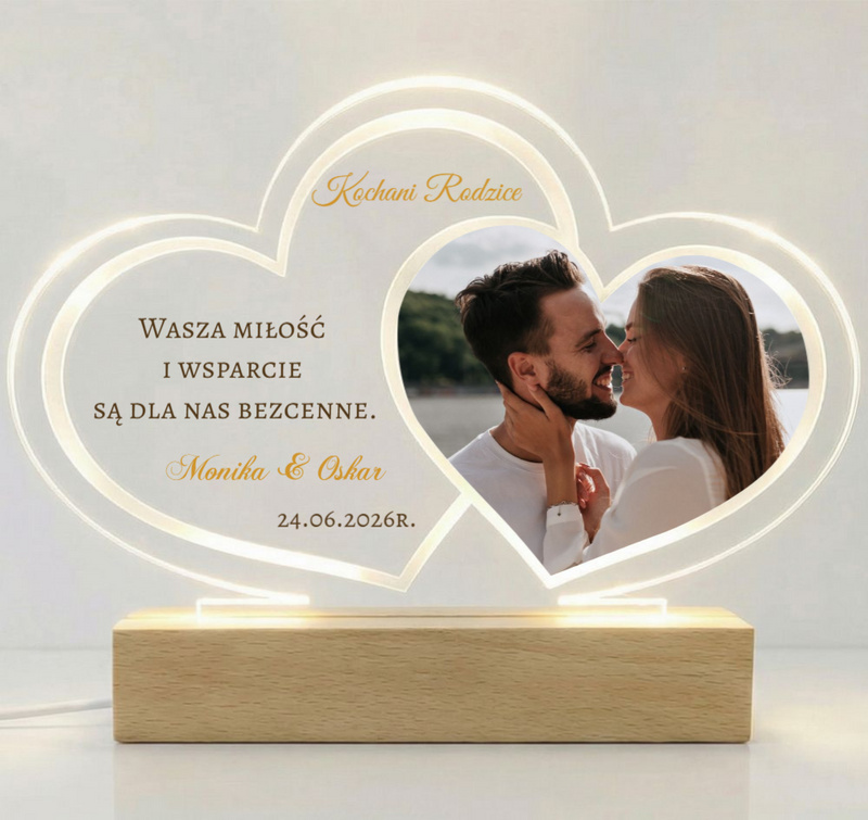 Personalizowana Ramka LED Podwójne Serce Podziękowanie dla rodziców świadków ze zdjęciem 