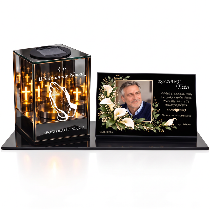 Personalizowany zestaw nagrobny dla Taty – lampion solarny 3D z grawerem i tabliczką ze zdjęciem