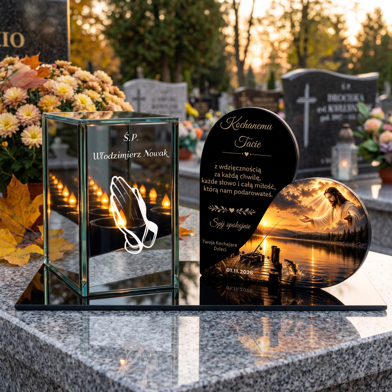 Zestaw nagrobny z personalizowaną tabliczką i świeczką LED