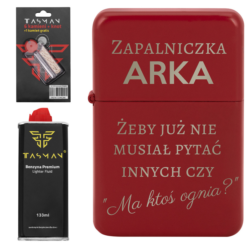 Zestaw Tasman: czerwona zapalniczka benzynowa z grawerem