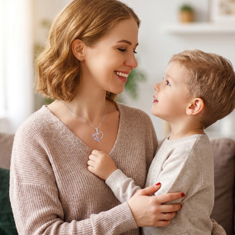 Srebrny naszyjnik Mama z różowymi kamykami Prezent z Dedykacją