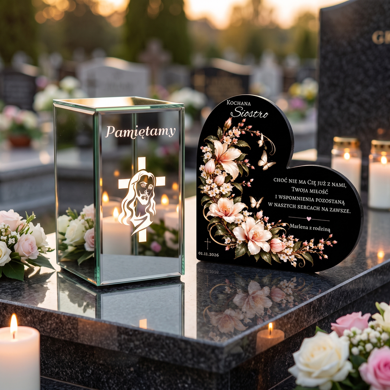 Zestaw nagrobny z personalizowaną tabliczką i świeczką LED