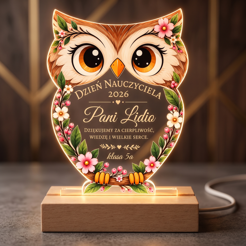 Personalizowana ramka LED Sowa na Dzień Nauczyciela – prezent z imieniem i dedykacją