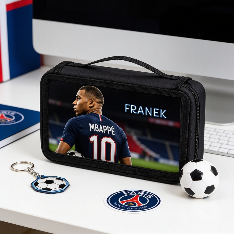 Personalizowany piórnik czterokomorowy z motywem Mbappé i imieniem – piórnik dla fana piłki nożnej