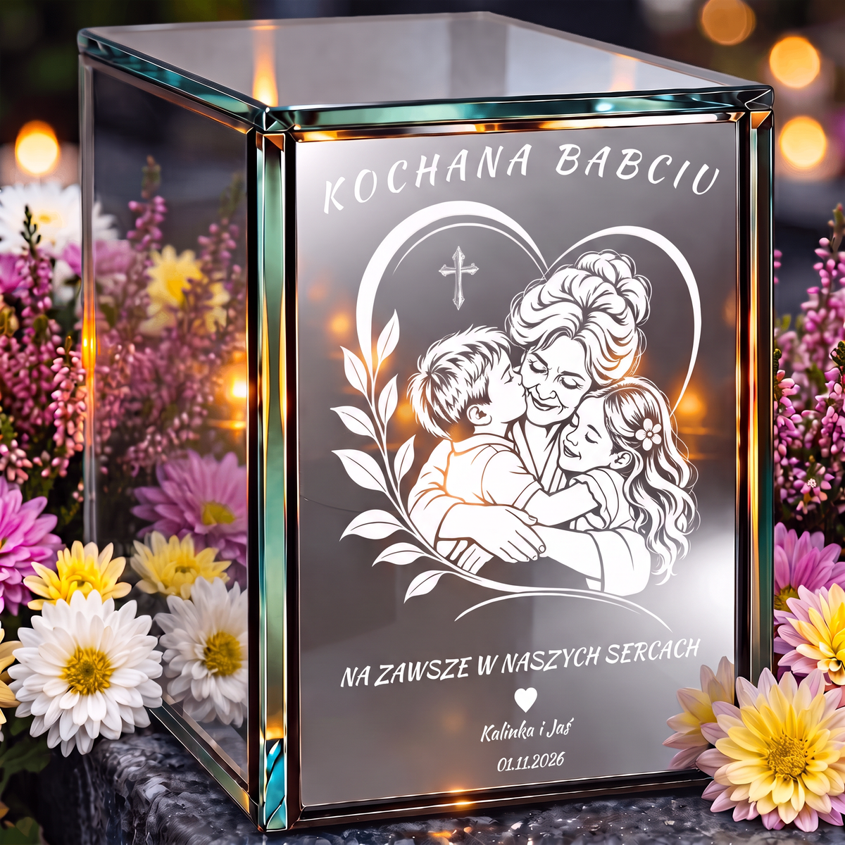 Personalizowany lampion lustrzany 3D LED dla Babci z grawerem – Babcia z wnukami „Na zawsze w naszych sercach”