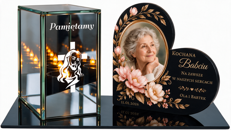 Zestaw nagrobny z personalizowaną tabliczką i świeczką LED