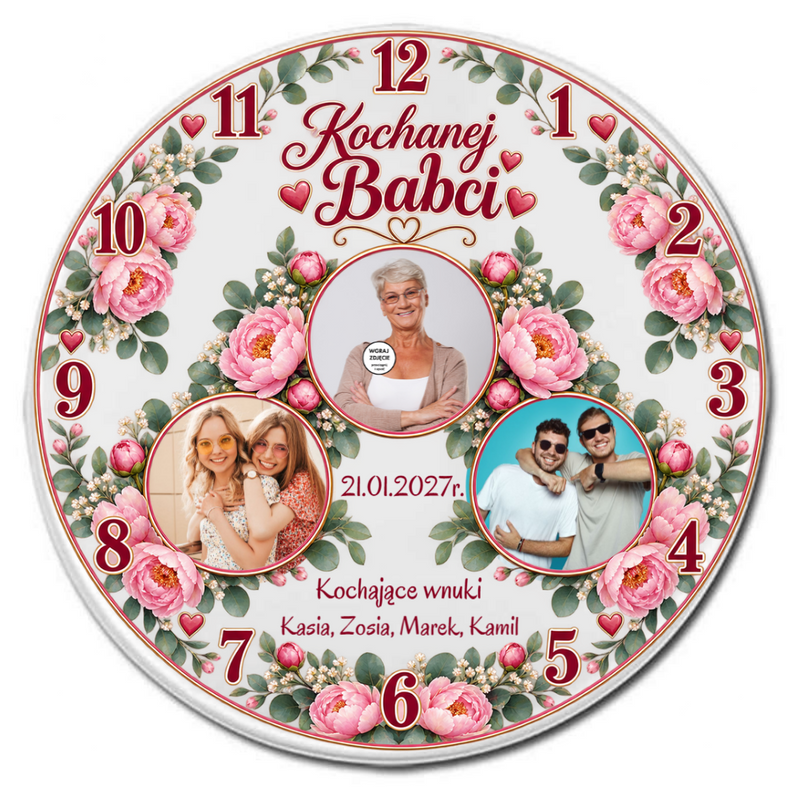 Personalizowany zegar ze zdjęciami dla Babci, Dziadka lub Babci i Dziadka 31cm