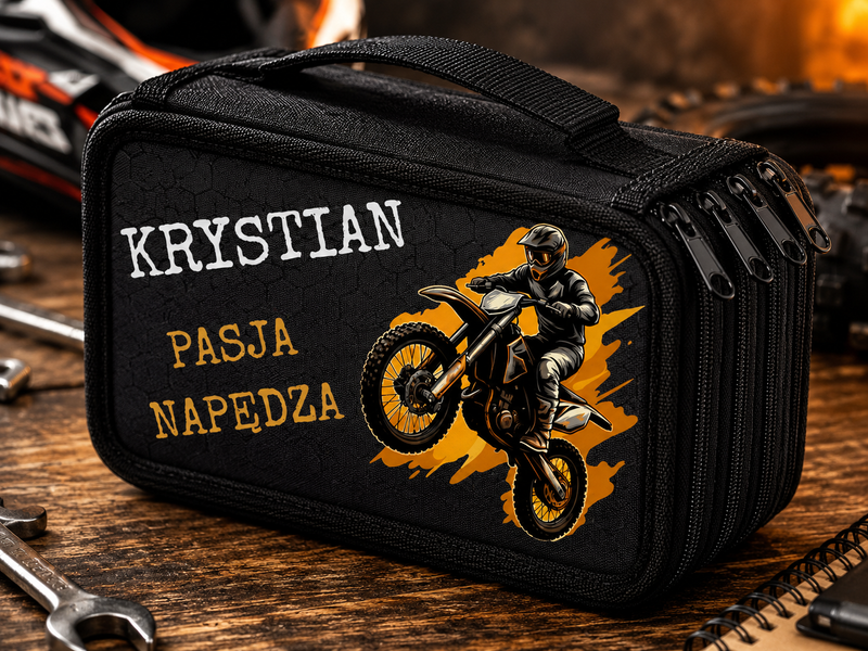 Personalizowany piórnik czterokomorowy z imieniem – piórnik dla fana motocrossu