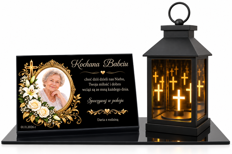 Personalizowany lampion nagrobny z tabliczką i zdjęciem dla Babci – nadruk UV