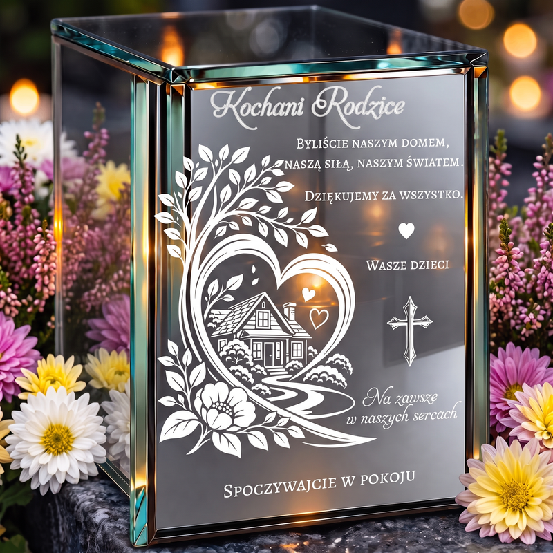 Personalizowany lampion lustrzany 3D LED dla Rodziców z grawerem – dom, serce i dedykacja „Kochani Rodzice”