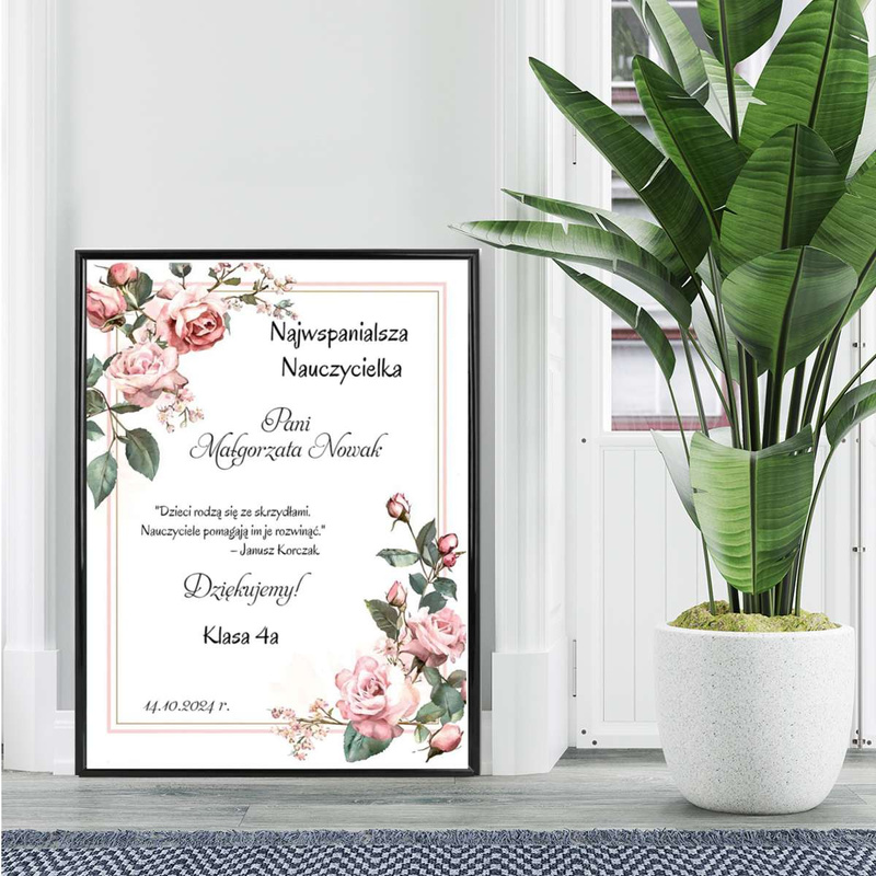 Plakat w ramce dla wychowawczyni z różami i personalizacją