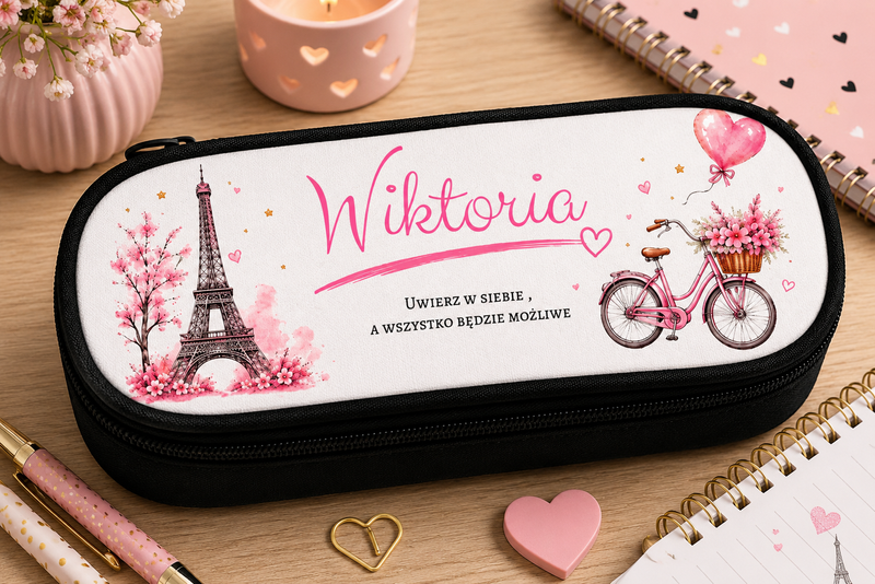 Personalizowany piórnik z wieżą Eiffla i imieniem – elegancki piórnik dla dziewczynki