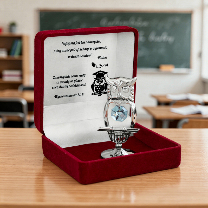 Figurka Sowy dla Nauczyciela z Personalizowaną Tabliczką – Posrebrzany Prezent z Dedykacją