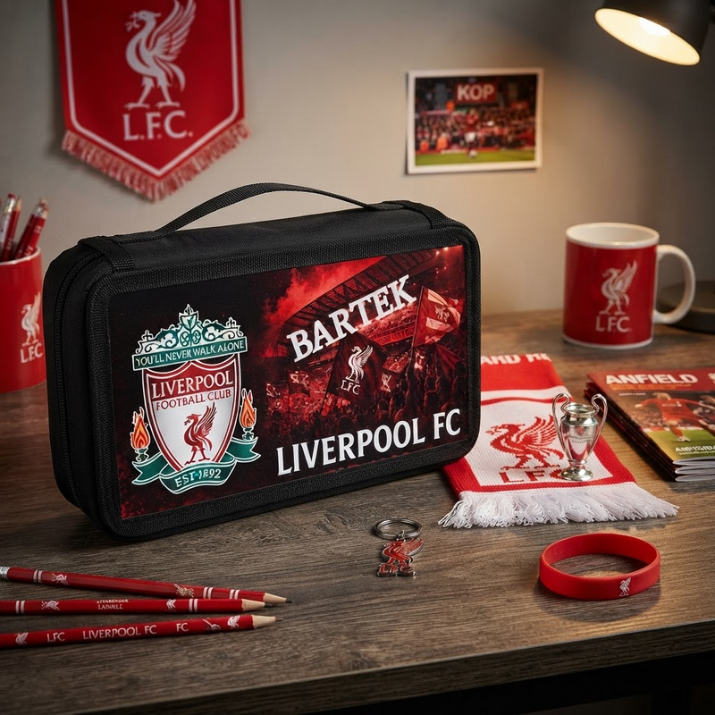 Personalizowany piórnik czterokomorowy Liverpool FC z imieniem – piórnik dla fana piłki nożnej